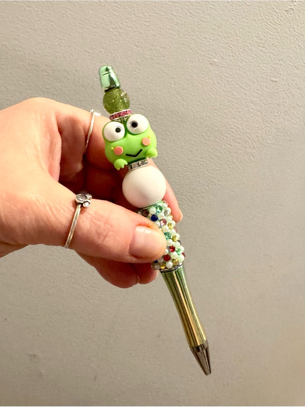 Custom designed Green Frog Beaded Ballpoint Pen- “Keropi”